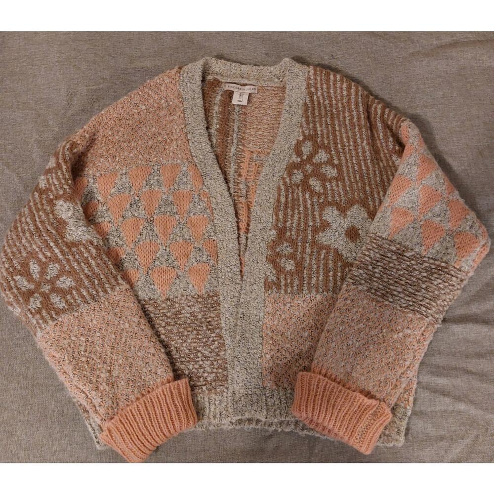 Sincerely Jules Floral Patchwork Wool Blend Open-Front Cardigan Sweater Size S